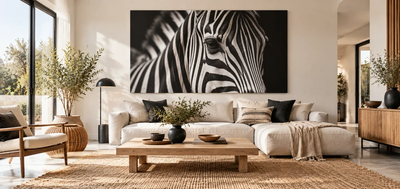 Tableau africain noir et blanc dans un salon moderne